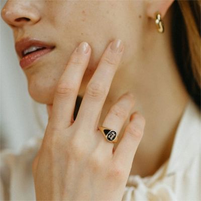 925 Sterling Silver 18K Gold Enamel Initial Signet Ring Third Party Appraisal Certificate