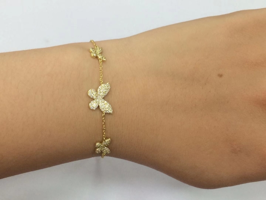 14K स्वर्ण त्रिगुट तितली चेन कंगन स्पष्ट CZ चांदी चेन कंगन 925
