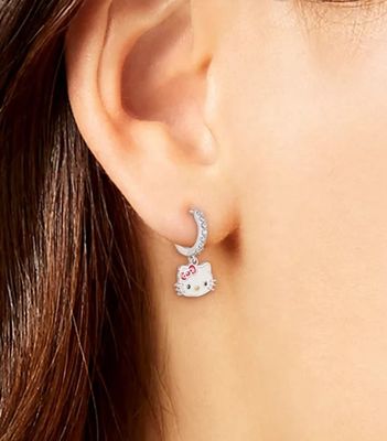 Rhodium Plated Hello Kitty Dangle Hoop Earrings in Sterling Silver with CZ and Enamel