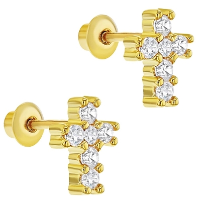 Mini Cross 18K Gold Baby Screw Back 925 Sterling Silver Stud Earrings with White CZ Stone