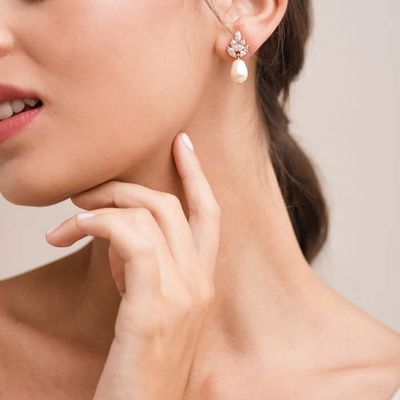 Handmade 18K Gold Plated Pearl Drop Earrings with White Glass Pearls for Bridal and Wedding