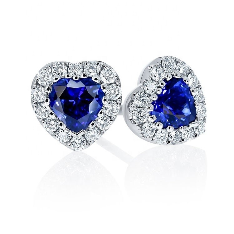 Blue and White CZ Diamonds 925 Sterling Silver Heart Stud Earrings for Custom Jewelry